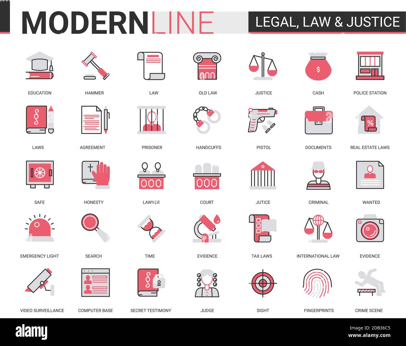 Legal law and justice flat line icon vector illustration set. Red black infographic design of mobile app website symbols with judicial legislation education, lawyer defense, police investigation Stock Vector