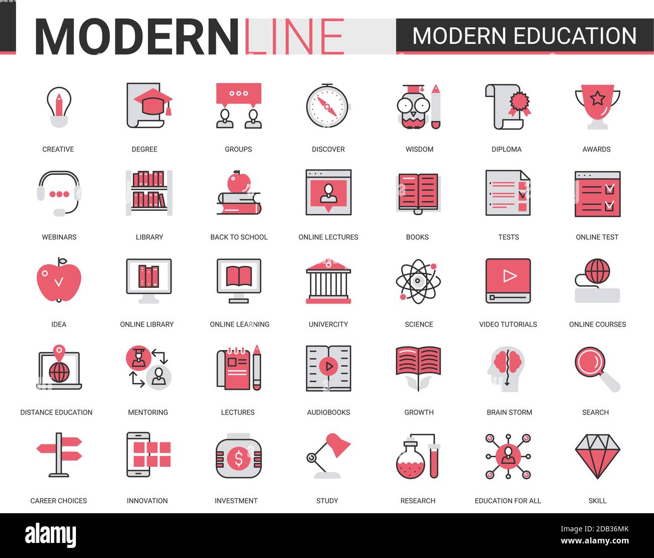 Modern education flat line icons vector illustration set with linear educational technology symbols for mobile apps with process learning in tech online course, school or university Stock Vector