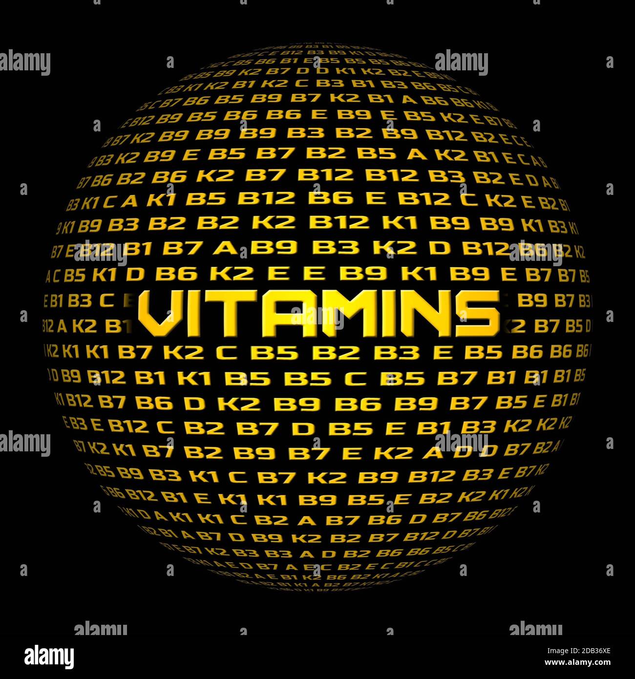 Vitamins symbols in random order in form of the world globe - word VITAMINS as title - all letters in yellow color Stock Photo