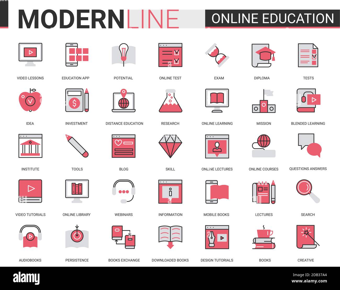 Online distance education flat thin red black line icons vector set with linear educational technology symbols for mobile apps with process learning in tech online course, school or university Stock Vector