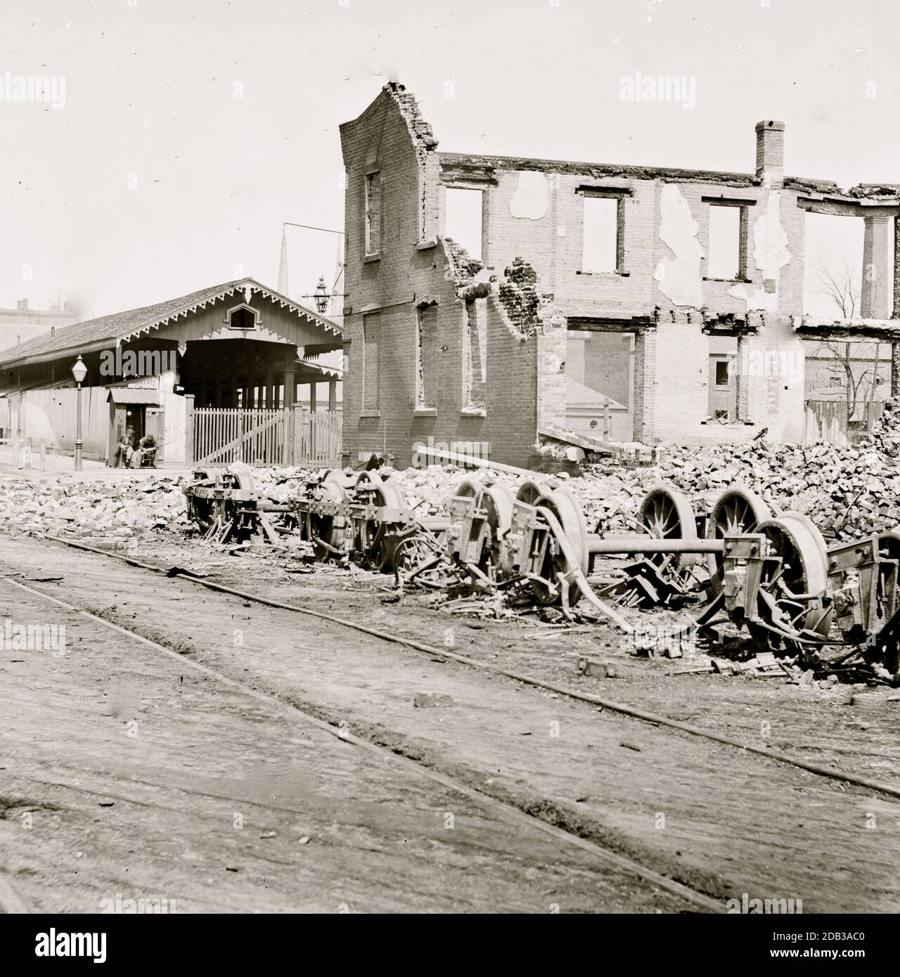 Richmond, Va. Wheels and burned railroad cars near Richmond & Petersburg Railroad station. Stock Photo