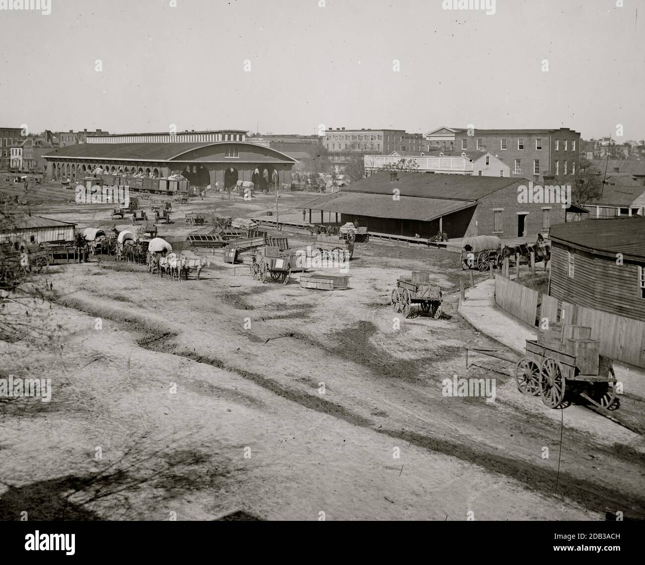 Atlanta, Ga. Railroad depot and yard; Trout House and Masonic Hall in background. Stock Photo