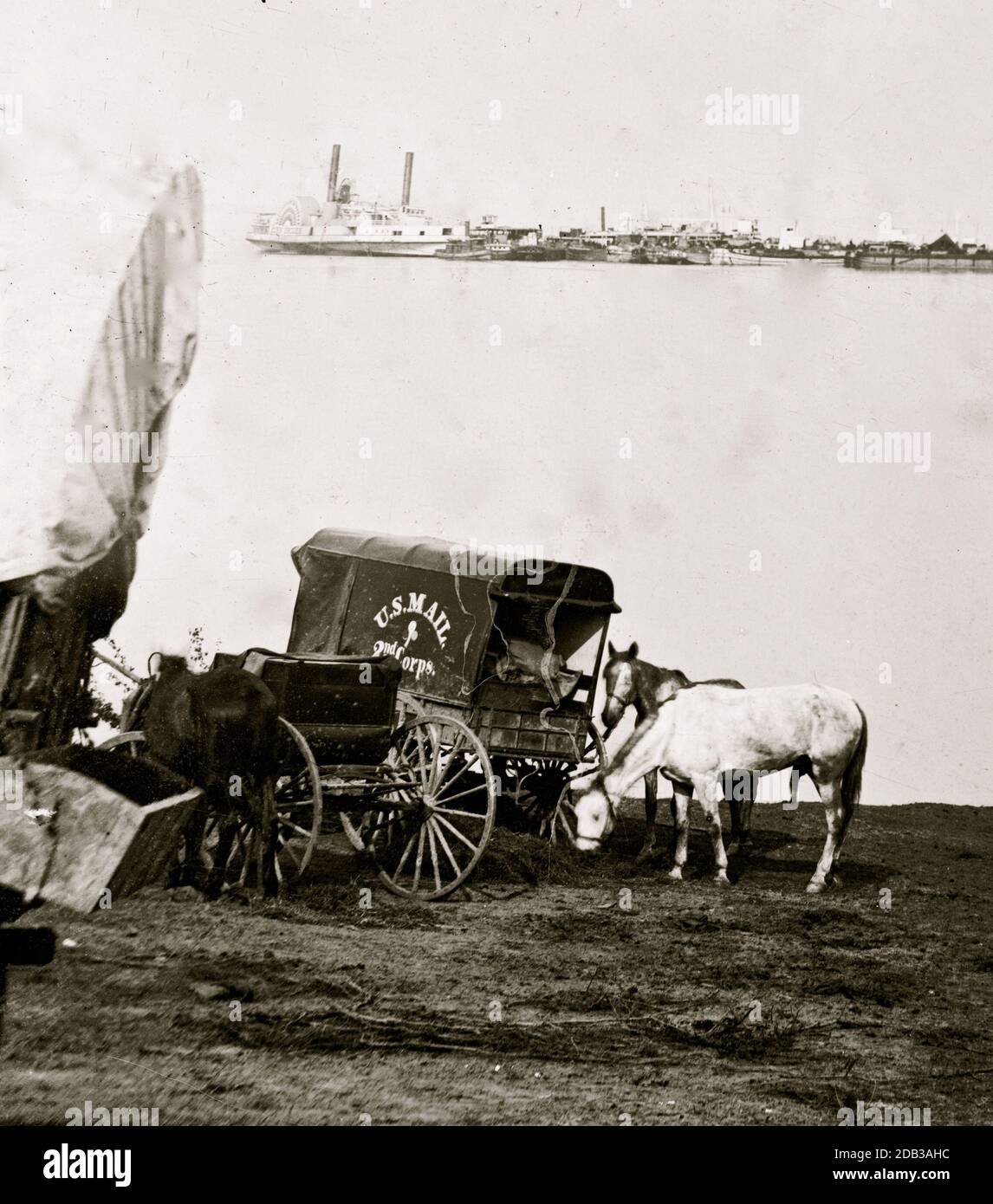 Belle Plain Landing, Virginia. Distance view of Belle Plain Landing on the James River. (U.S. Mail wagon 2nd Corps in foreground. Stock Photo