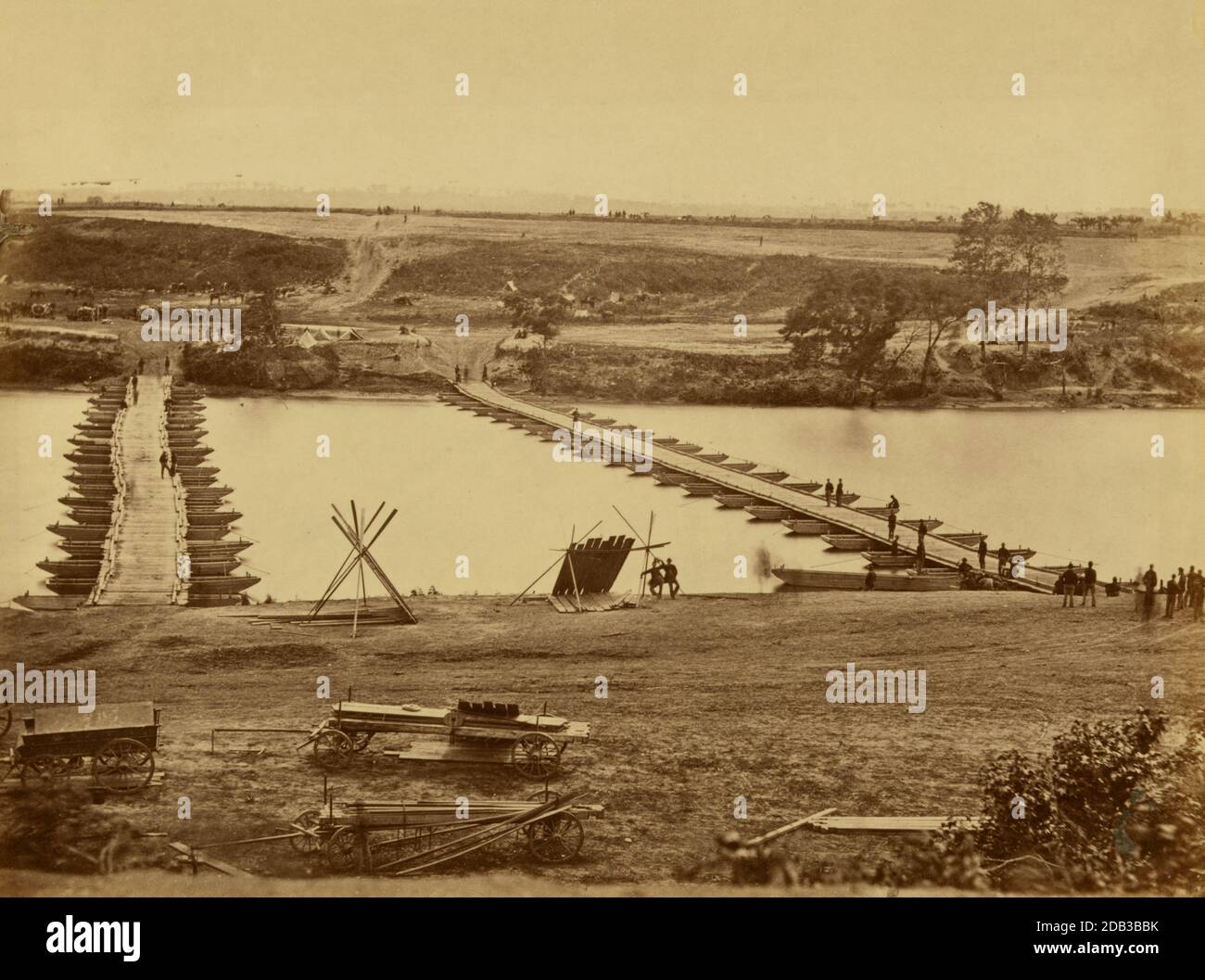 Pontoon bridge across the Rappahannock; two pontoon bridges over the Rappahannock River used in the battle of Fredericksburg.. Stock Photo