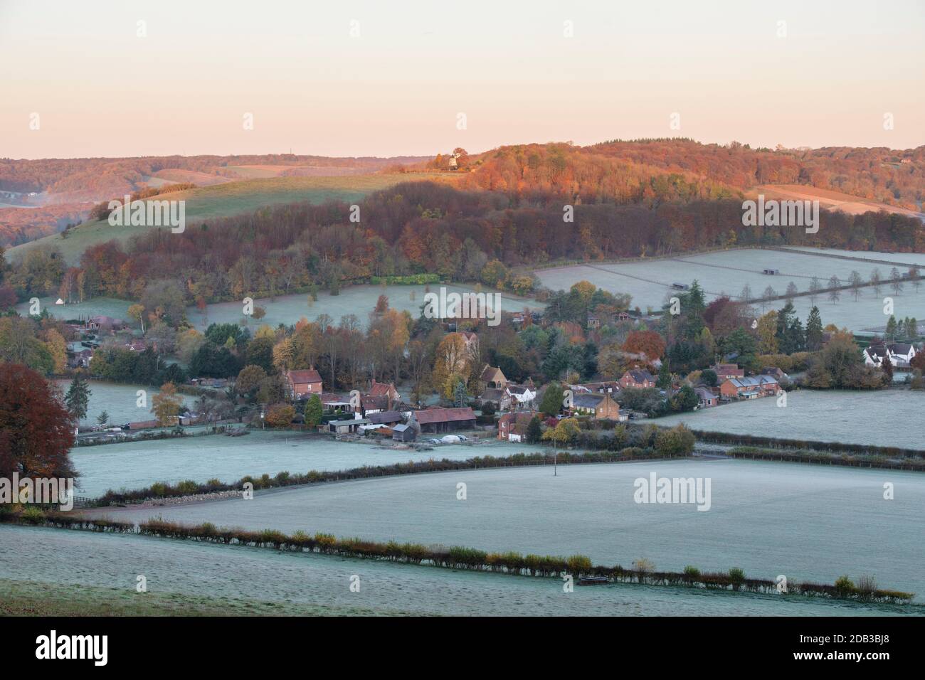 Early frosty autumn morning at sunrise looking over Fingest village in the Hambleden valley. Fingest, Buckinghamshire, England Stock Photo