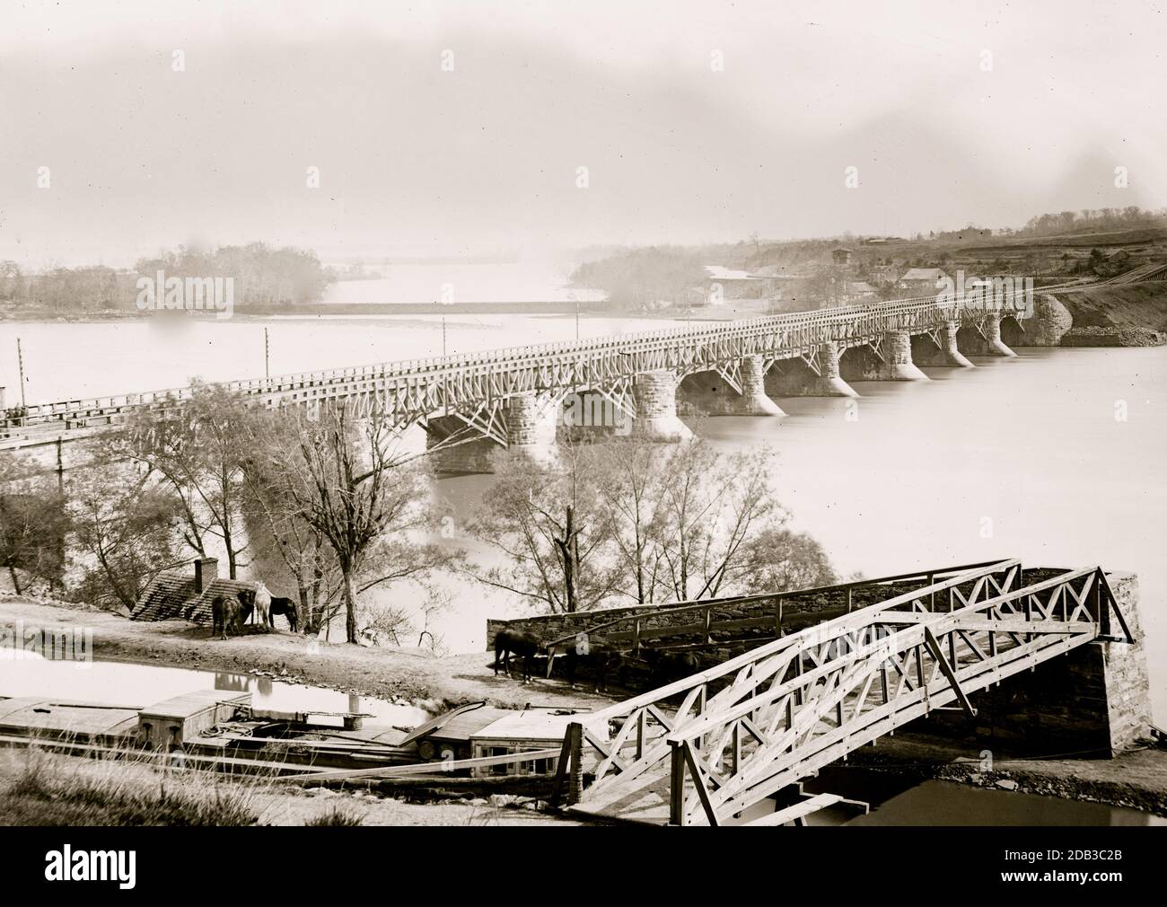 Washington, D.C. Closer view of Aqueduct Bridge, with Chesapeake and Ohio Canal in foreground. Stock Photo