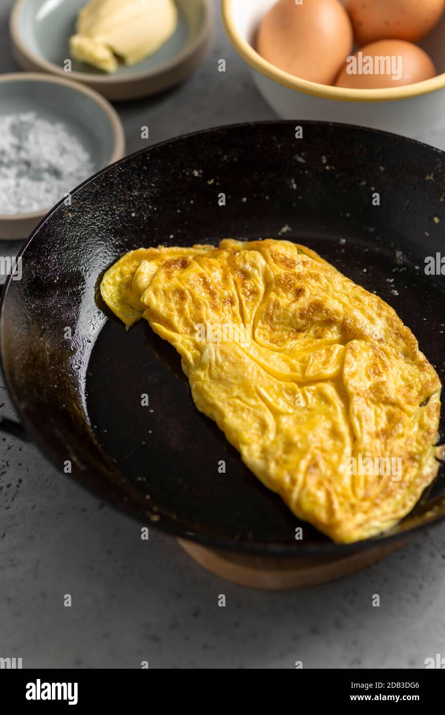 Making omelettes - folding over plain omelette using a large spatula Stock  Photo - Alamy