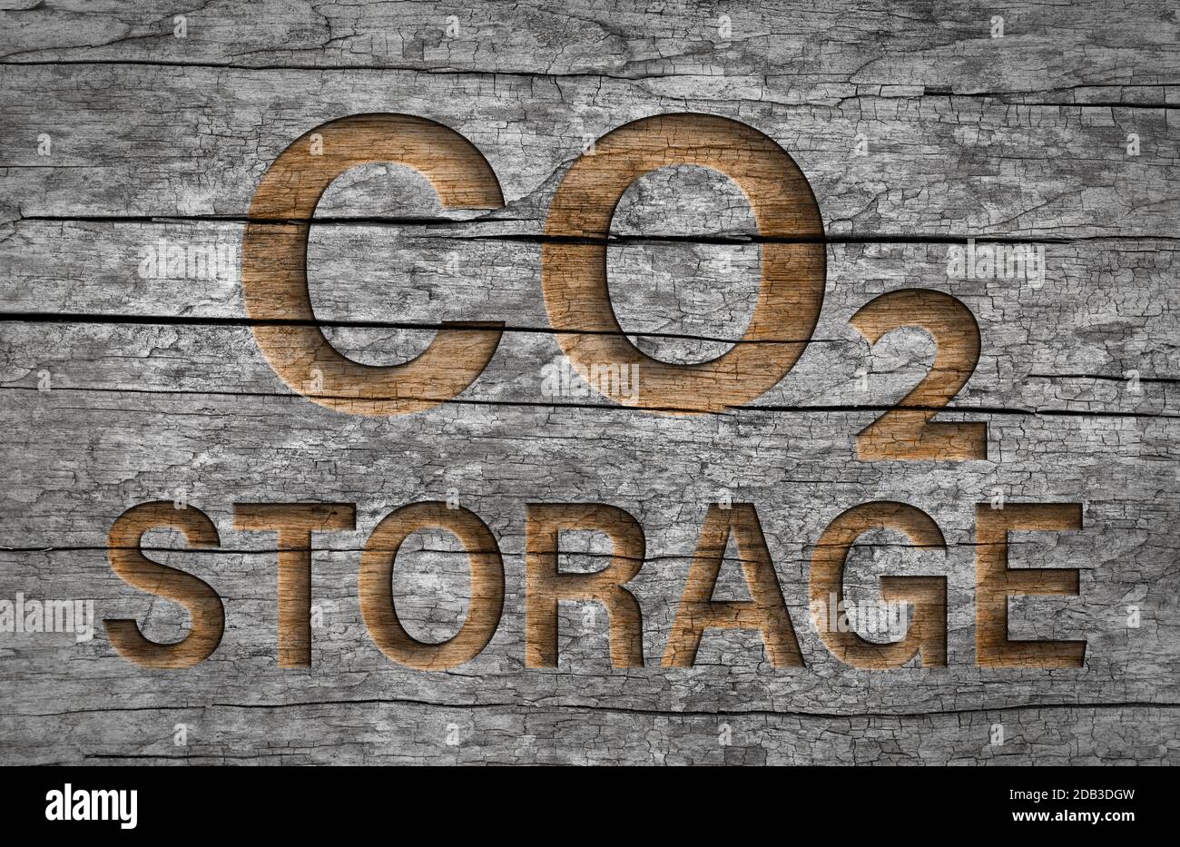 Co2 text written in wood for natural storage of carbon dioxide emission or compensation Stock Photo