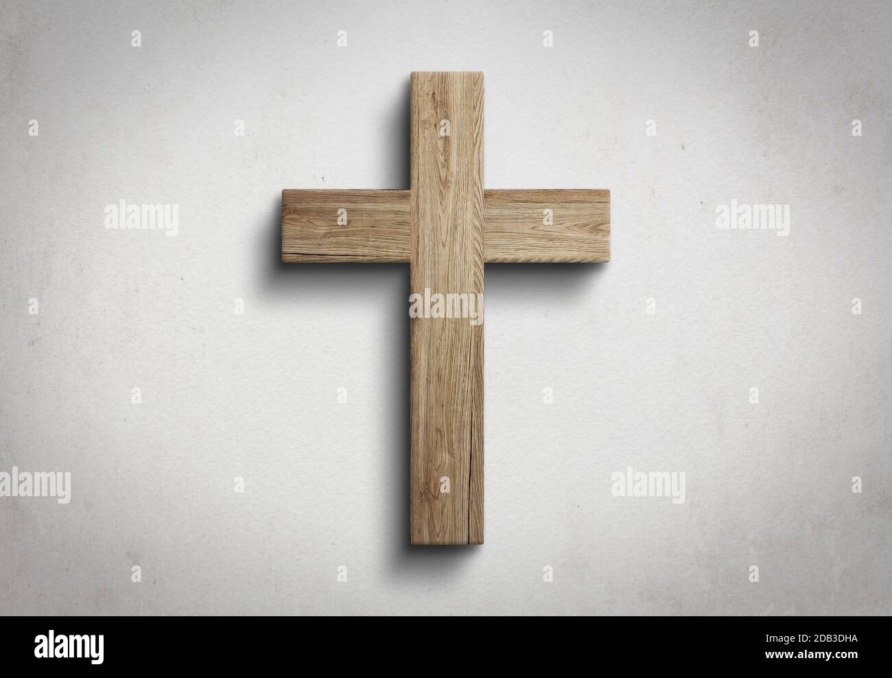 Christianity wooden cross of jesus christ sign and white wall with