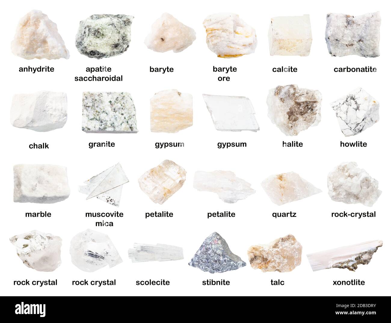 set of various unpolished white stones with names ( granite, gypsum,  petalite, baryte, howlite,, rock-crystal, marble, carbonatite, chalk,  anhydrite Stock Photo - Alamy