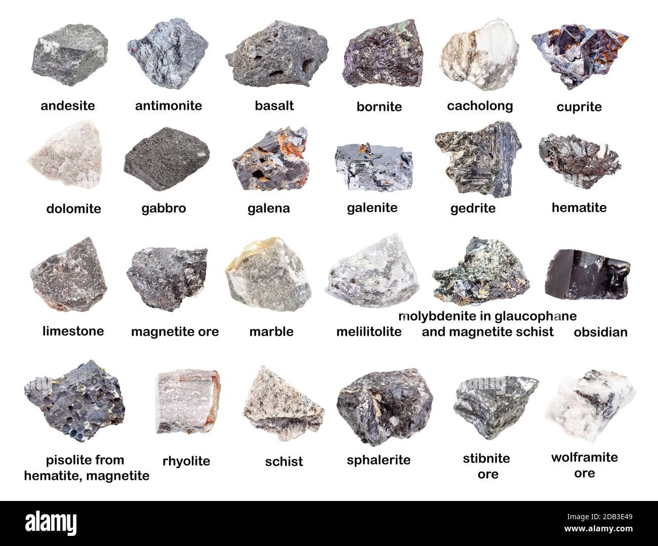 set of various gray unpolished stones with names (galenite, hematite, pisolite, sphalerite, cuprite, marble, cacholong, gedrite, basalt, schist, limes Stock Photo