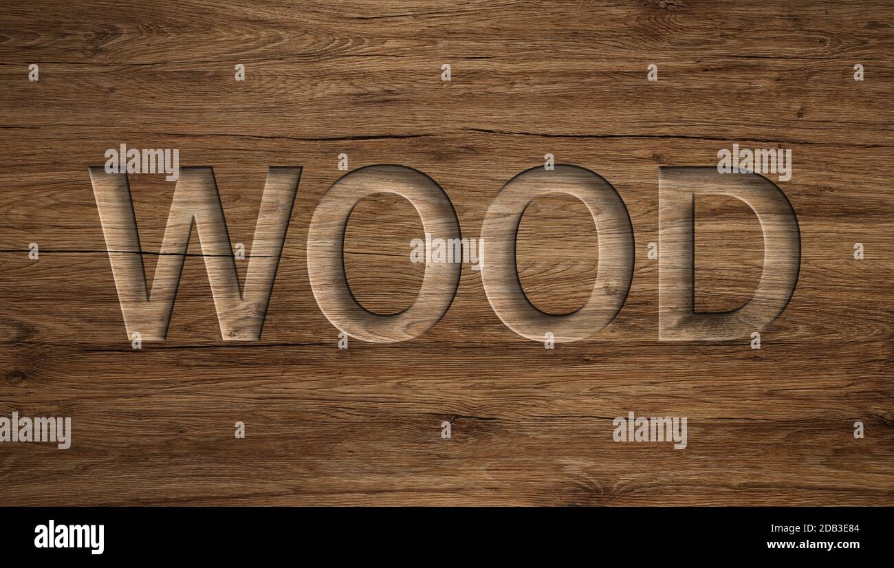 Word wood engraved in wooden board 3d animeted wood texture with light and shadows Stock Photo