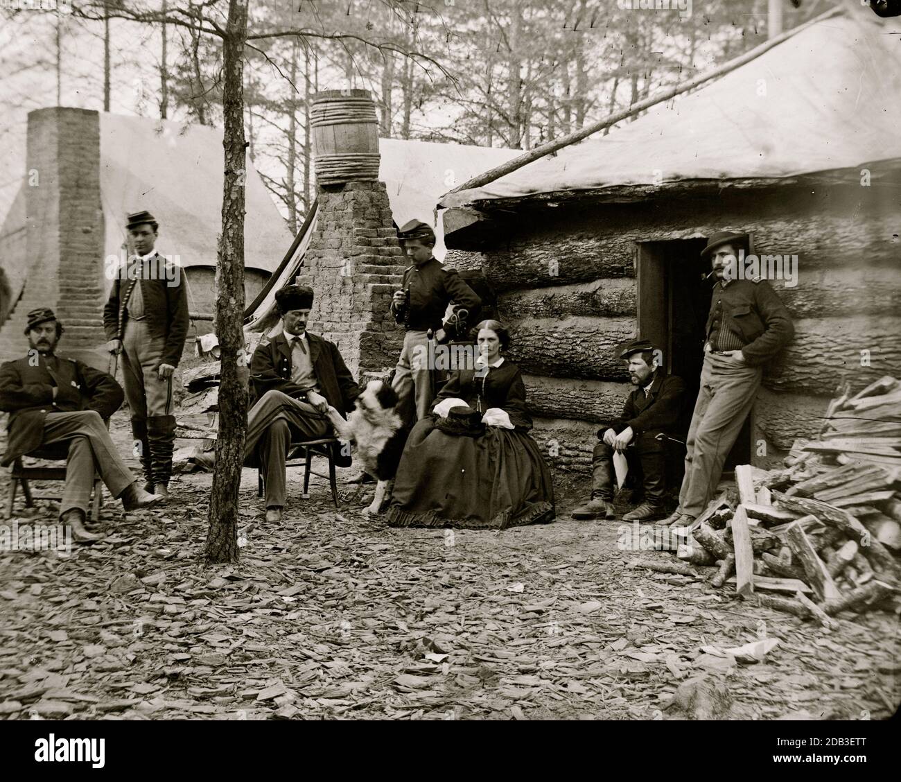 Brandy Station, Va. Officers and a lady at headquarters of 1st Brigade, Horse Artillery. Stock Photo