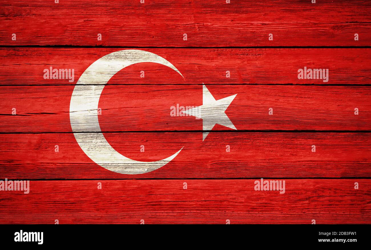 Turkey national flag colors painted on old wooden plank background Stock Photo