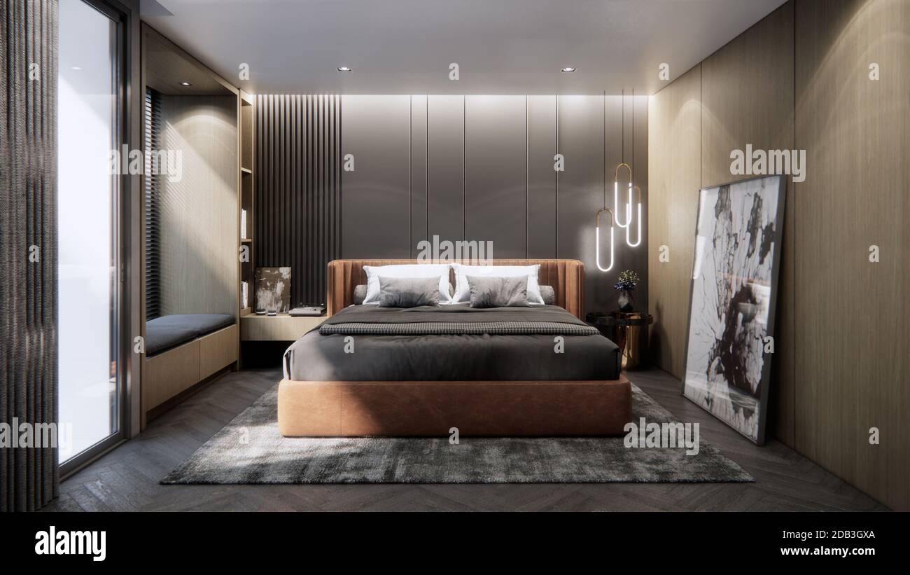 interior design of modern luxury bedroom with double bed, 3D ...