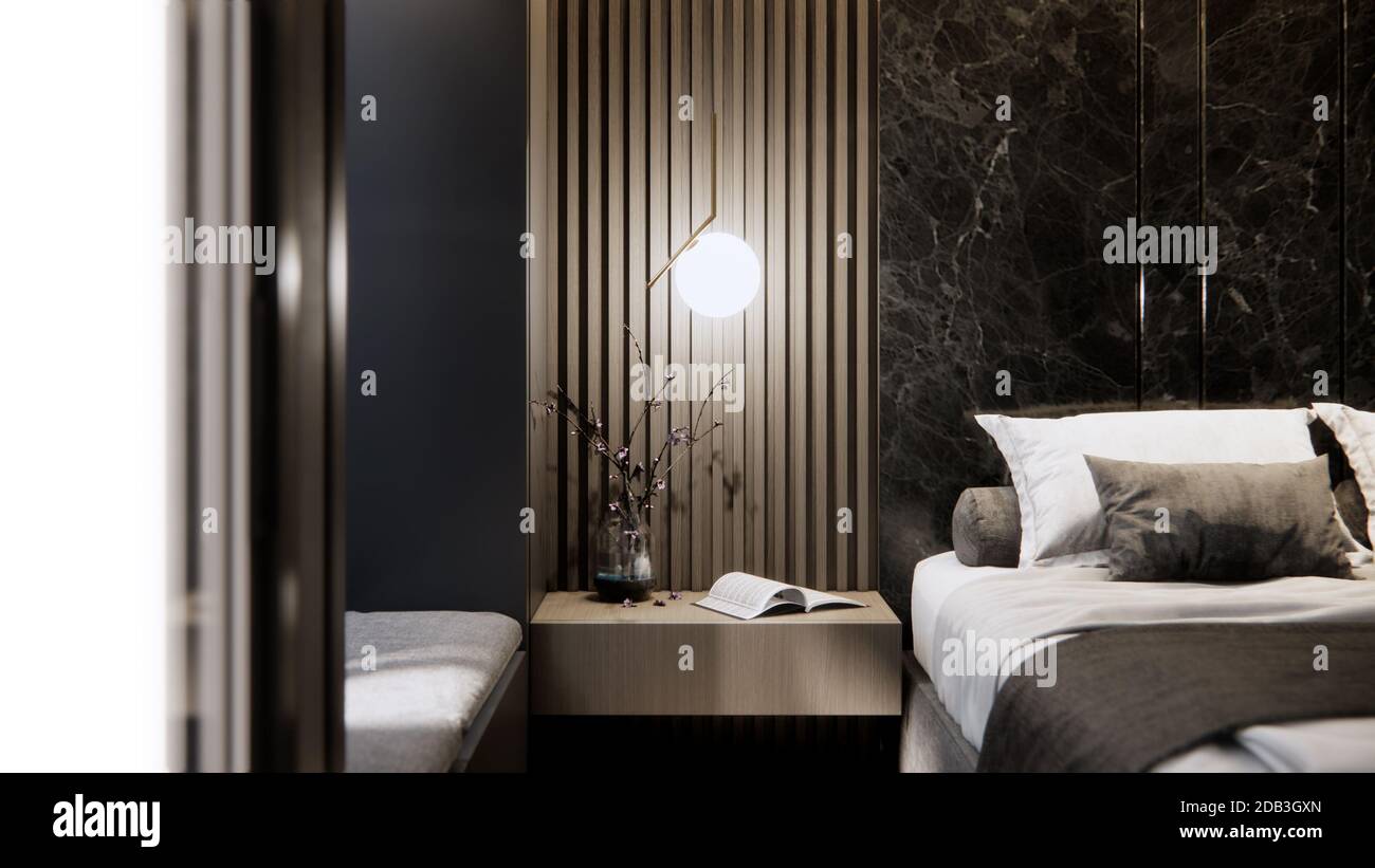 interior of modern luxury bedroom with marble wall, background 3D