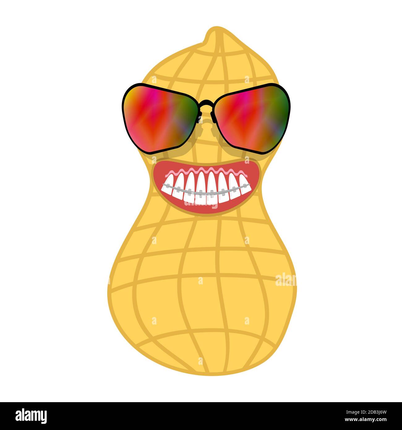 Cartoon Peanut Icon with Sunglasses and Braces Teeth Isolated on White Background. Medical Braces Teeth. Dental Care Background. Orthodontic Treatment Stock Photo