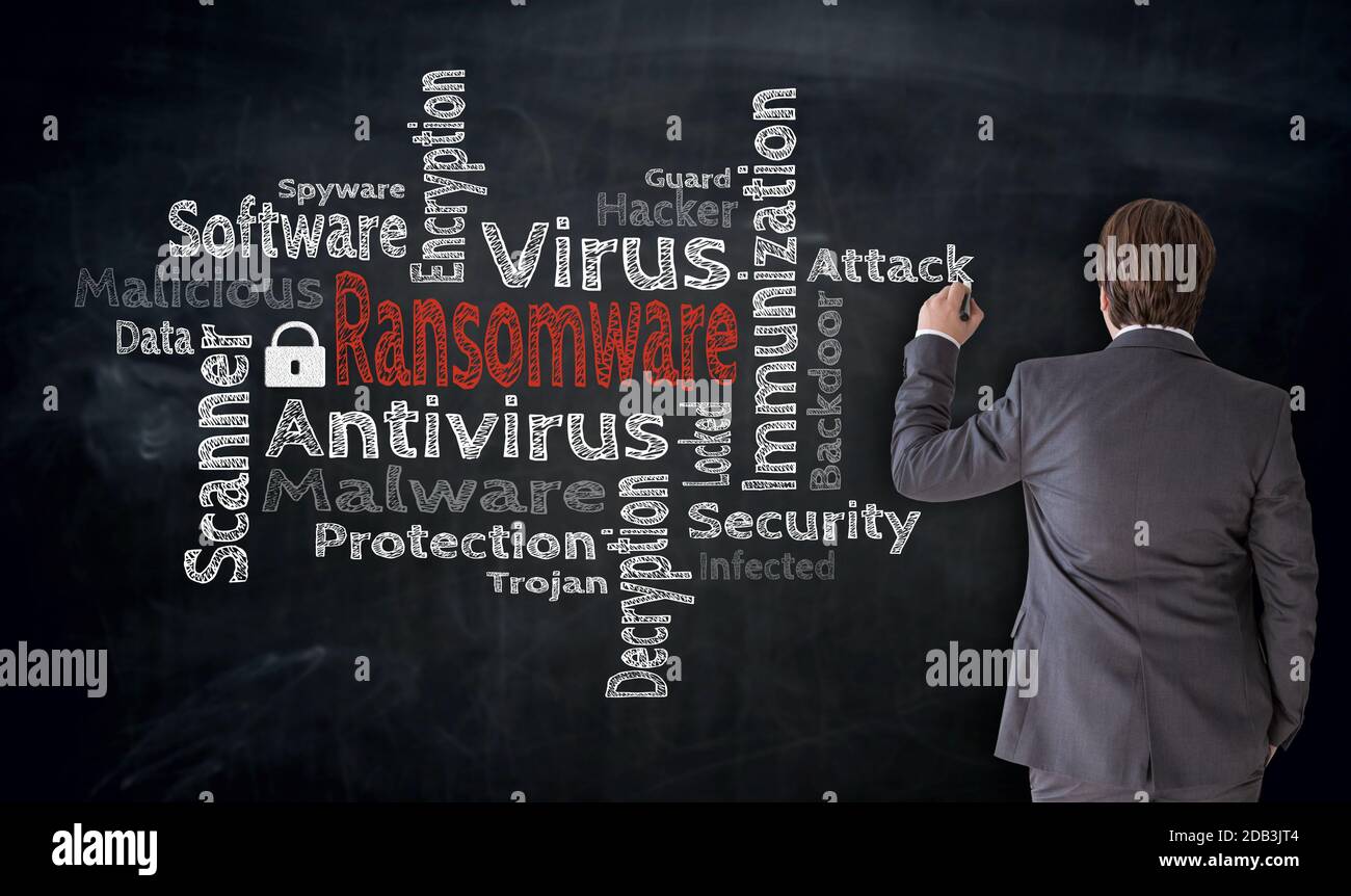 Businessman writes Ransomware Cloud on blackboard concept. Stock Photo