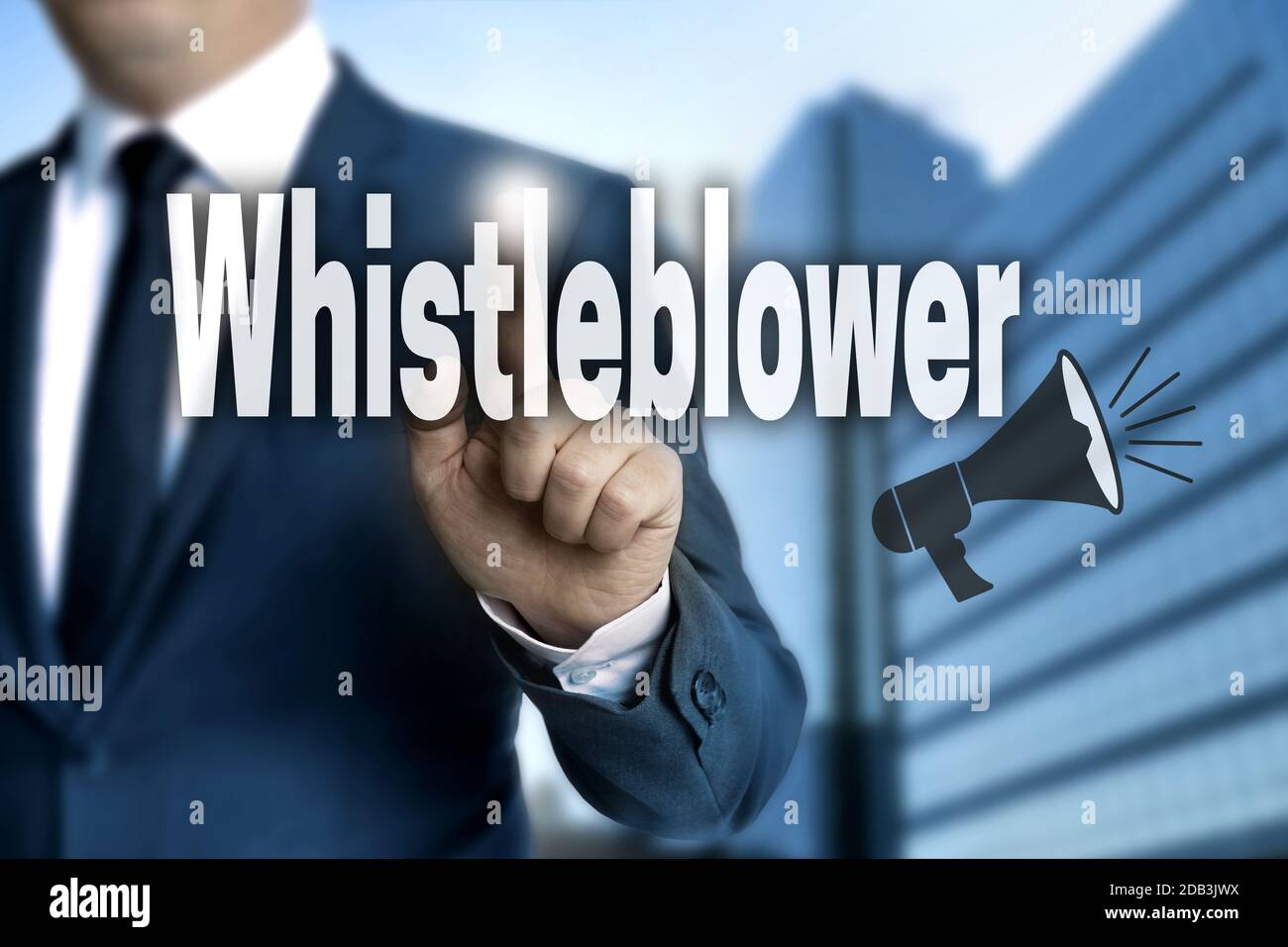 Whistleblower touchscreen is operated by businessman. Stock Photo