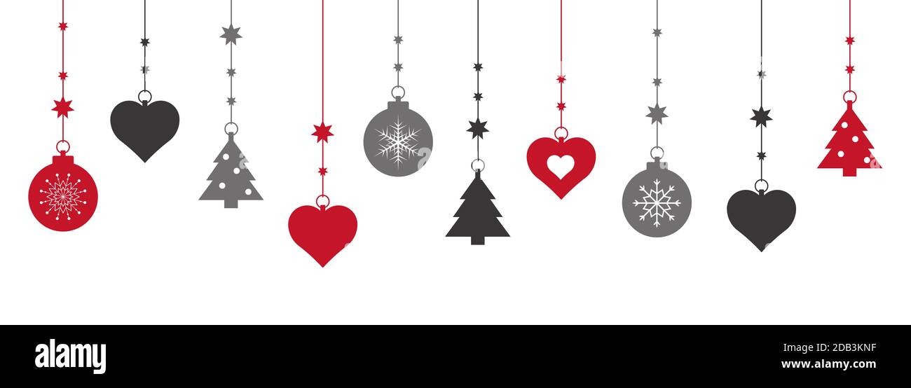A digital illustration of hanging red and gray Christmas ornaments on a white background Stock