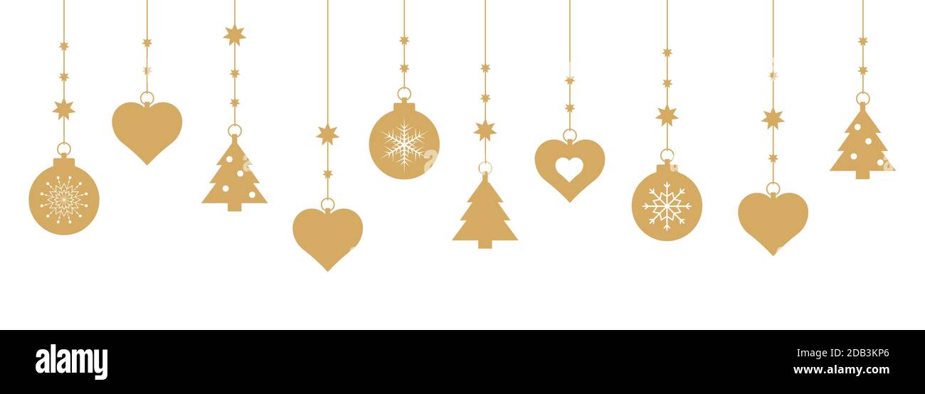 A digital illustration of hanging gold Christmas ornaments on a white ...