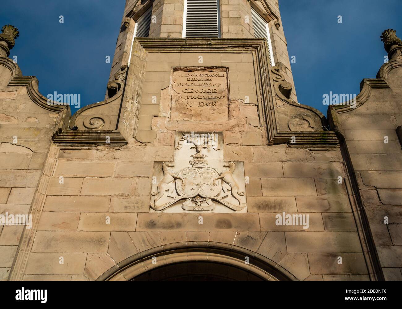 The stone arch of the Simpsons Building in the town of Huntly, Aberdeenshire, Scotland, UK Stock Photo