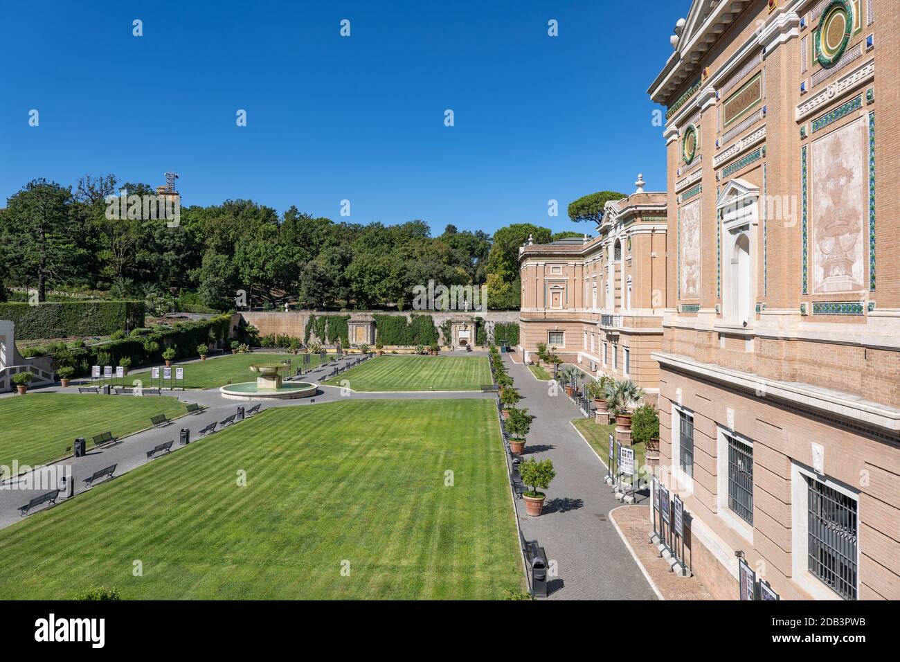 Giardino Quadrato or Square Garden and Pinacoteca Art Gallery building in the Vatican Museums Stock Photo