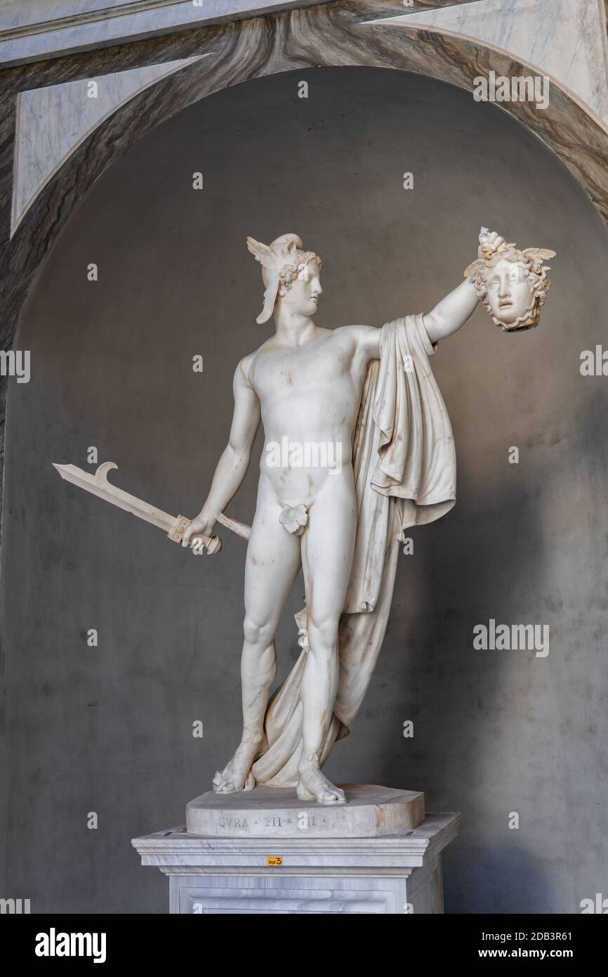 Perseus Triumphant holding severed head of the Medusa, statue by Antonio Canova (1757-1822) at Octagonal Court in Pio Clementino Museum, Vatican Museu Stock Photo