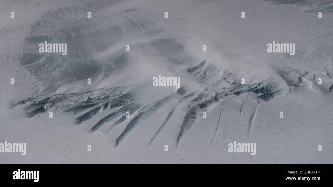 Aerial image of crevasses on the flanks of Mount Erebus, Antarctica. Stock Photo