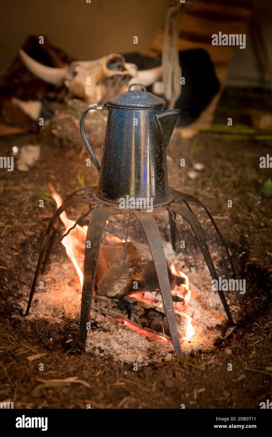 Old metal coffee pot stands over a campfire on a rack with cow skull