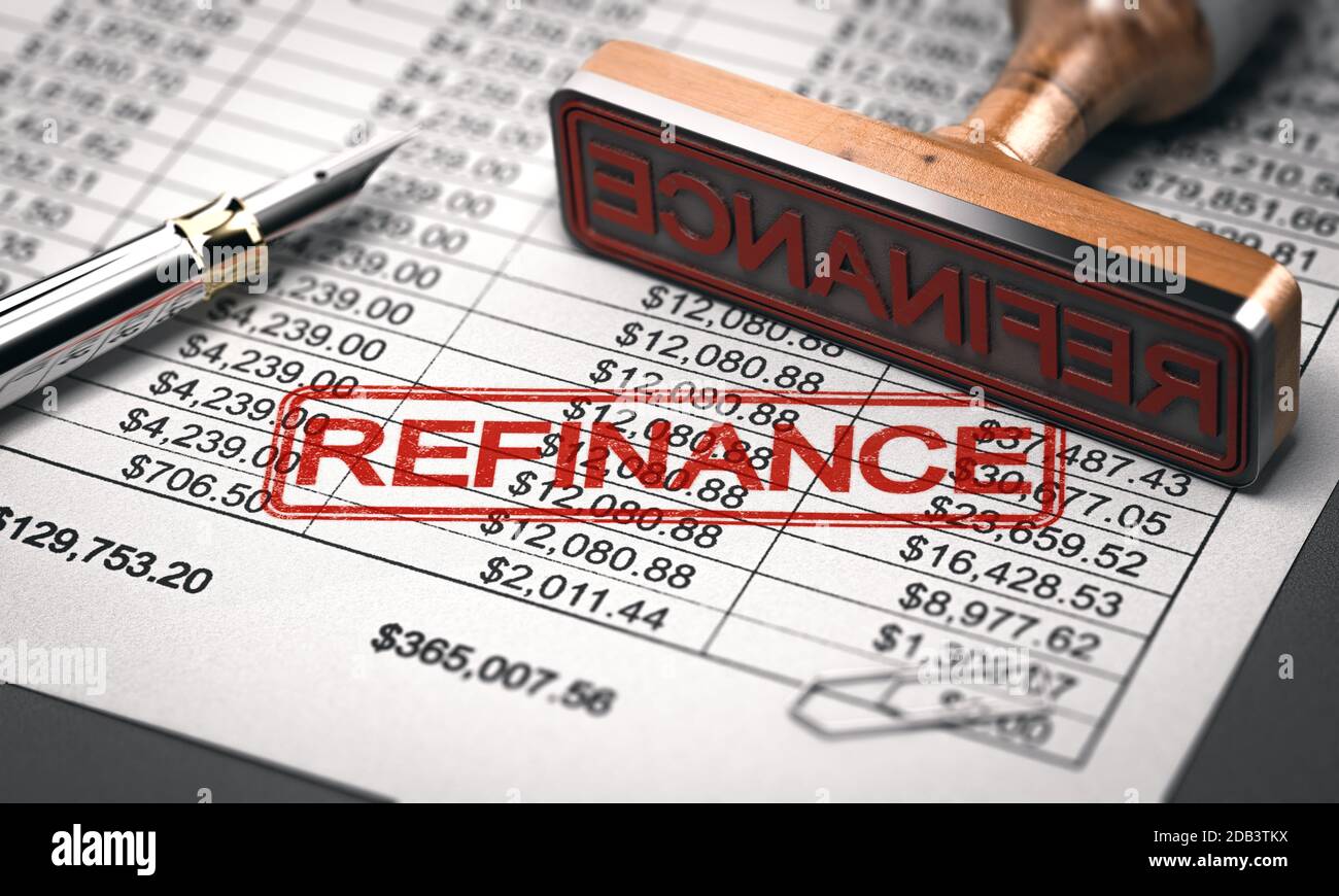 3D illustration of a rubber stamp with the word refinance over a mortgage lender rate sheet. Debt consolidation and debt or loan refinancing concept. Stock Photo