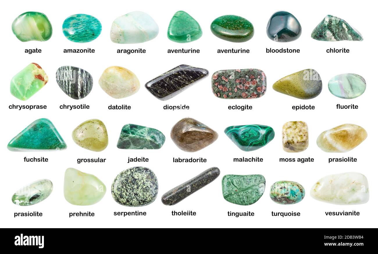 set of various green gemstones with names (chrysotile, chlorite, malachite, prehnite, chrysoprase, grossular, prasiolite, jadeite, labradorite, vesuvi Stock Photo