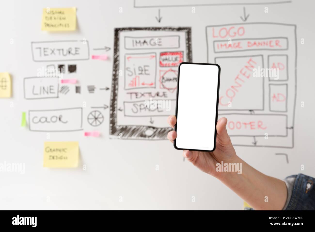 Women website designer creative planning application development drawing template layout framework wireframe design studio . User experience concept Stock Photo