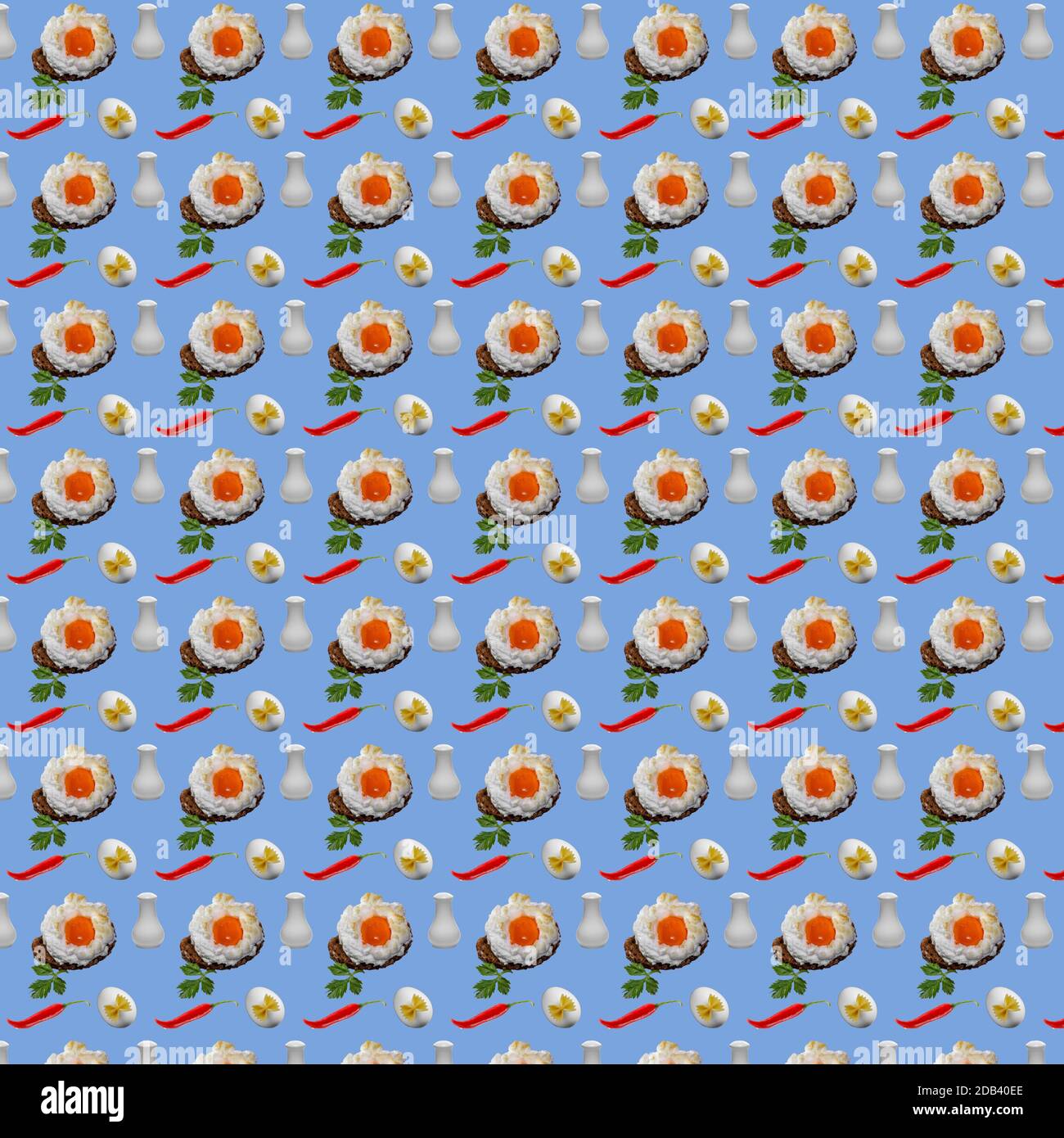Seamless pattern with repeating breakfast objects orsini egg, whole eggs and chili peppers on a blue background Stock Photo