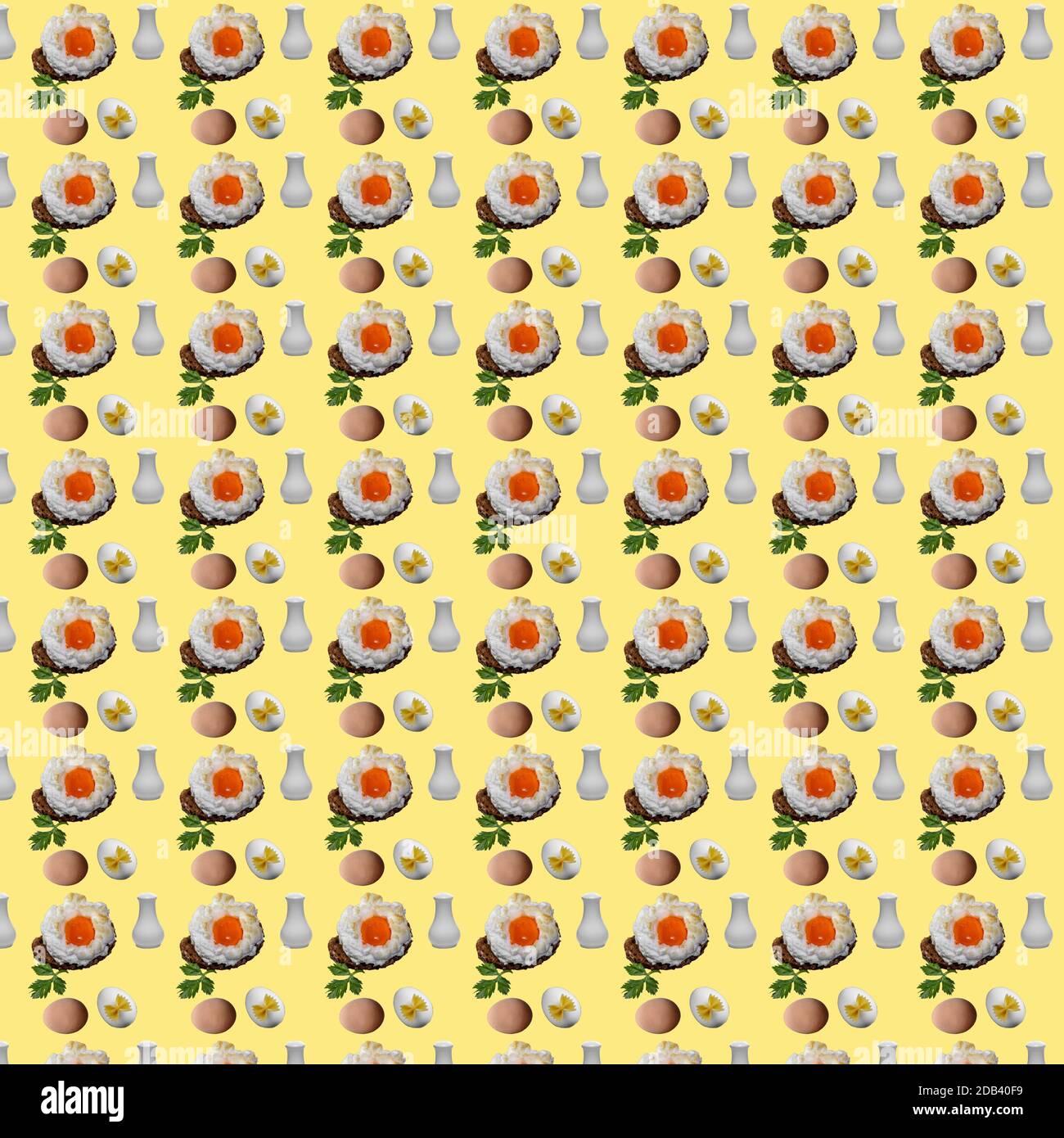Seamless pattern with repeating breakfast objects. Orsini egg, whole eggs and salt shaker on a yellow background. Stock Photo