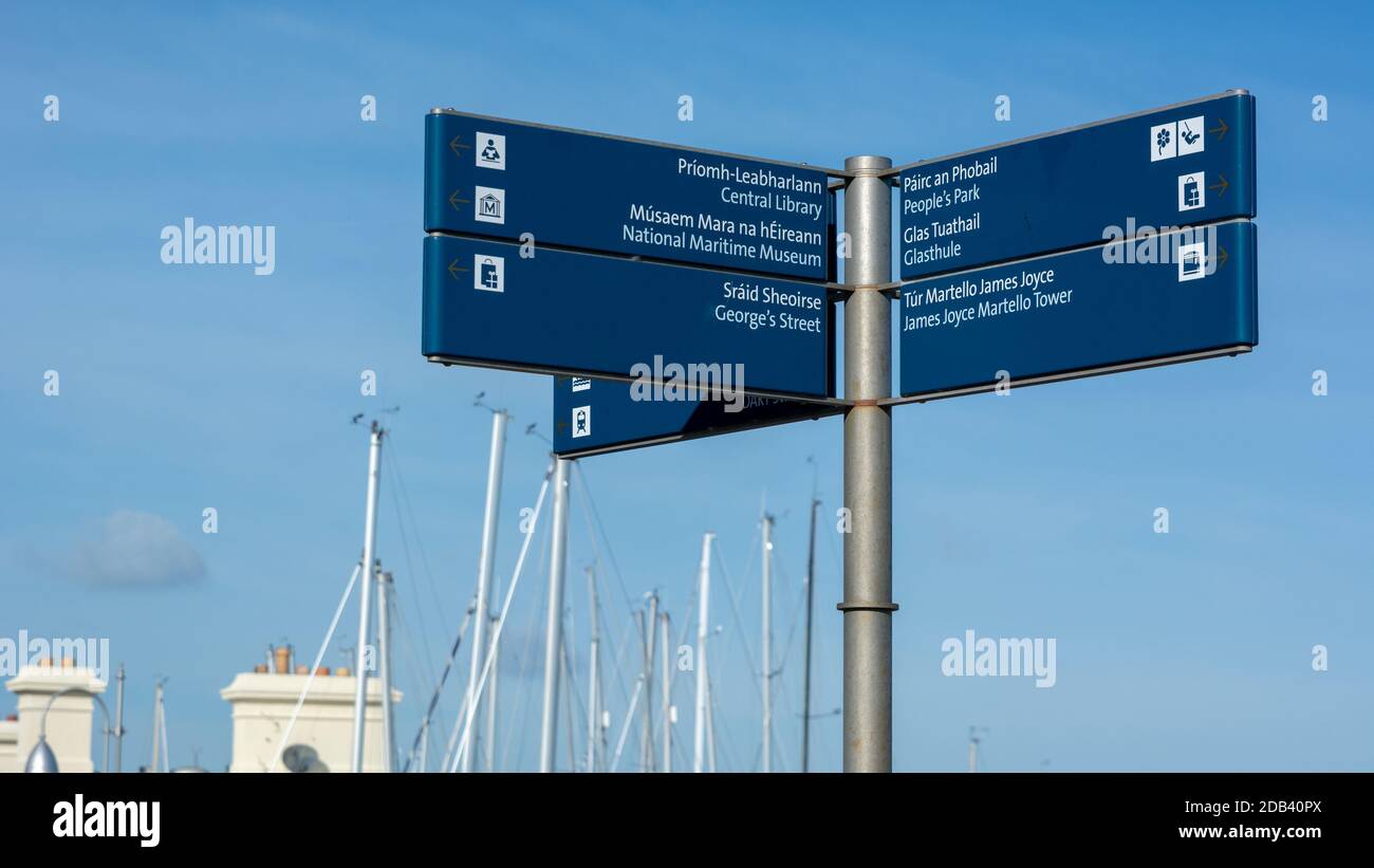 Signpost of things to do in Dun Laoghaire in County Dublin, Ireland Stock Photo