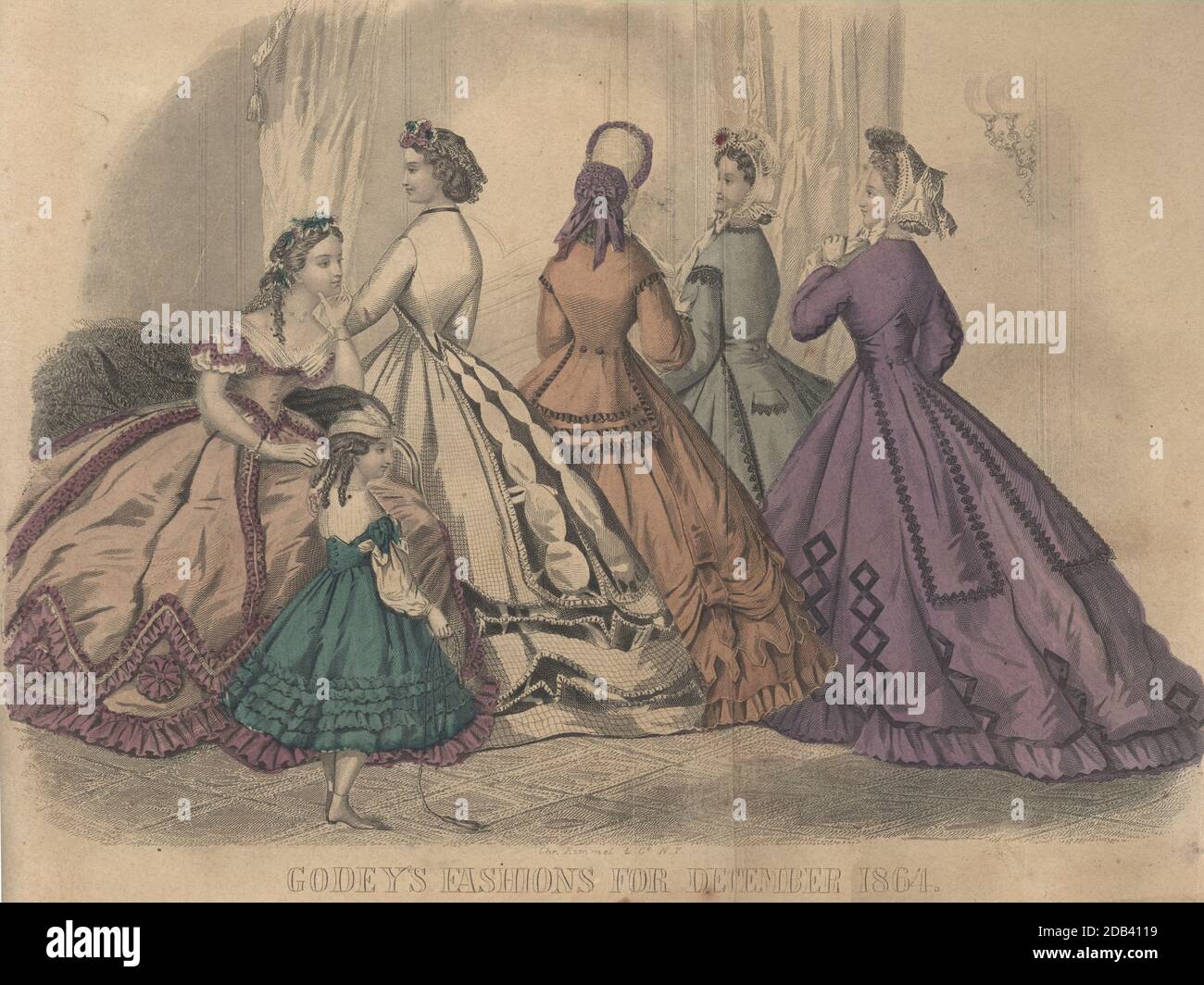 Godey's Fashion for December 1864 from Godey's Lady's Book and Magazine, December, 1864, Volume LXIX, (Volume 69), Philadelphia, Louis A. Godey, Sarah Josepha Hale, Stock Photo