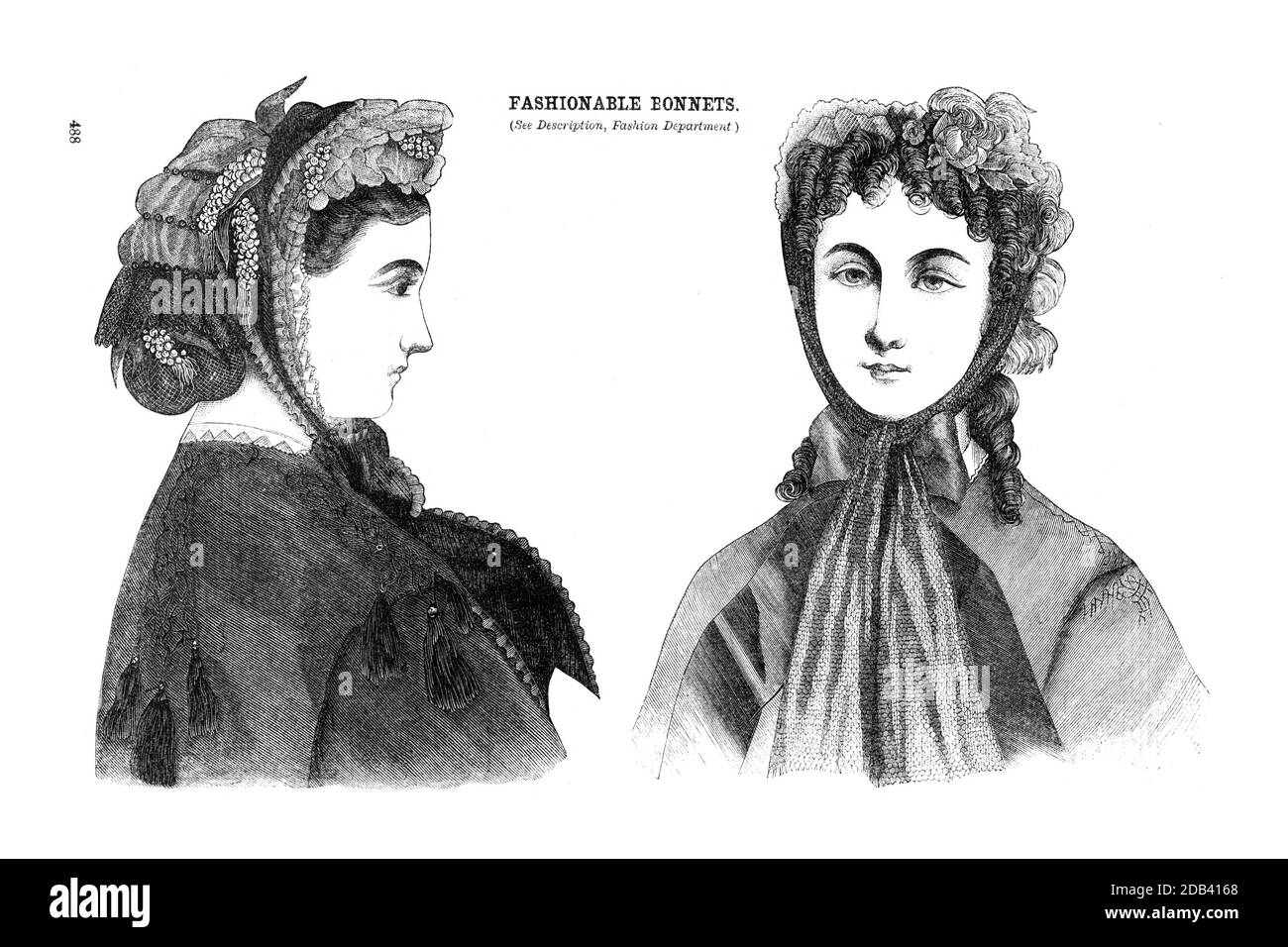 Fashionable Bonnets 1864 from Godey's Lady's Book and Magazine, December, 1864, Volume LXIX, (Volume 69), Philadelphia, Louis A. Godey, Sarah Josepha Hale, Stock Photo
