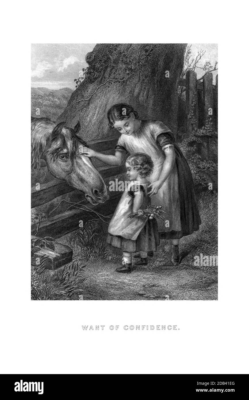 Want of Confidence Children approach a horse with fear and caution from Godey's Lady's Book and Magazine, Marc, 1864, Volume LXIX, (Volume 69), Philadelphia, Louis A. Godey, Sarah Josepha Hale, Stock Photo