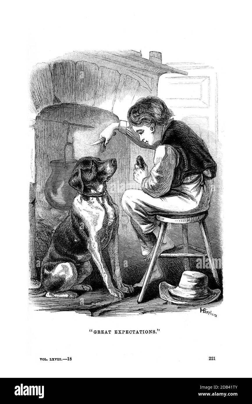 Scene from Great Expectations the thirteenth novel by Charles Dickens from Godey's Lady's Book and Magazine, Marc, 1864, Volume LXIX, (Volume 69), Philadelphia, Louis A. Godey, Sarah Josepha Hale, Stock Photo