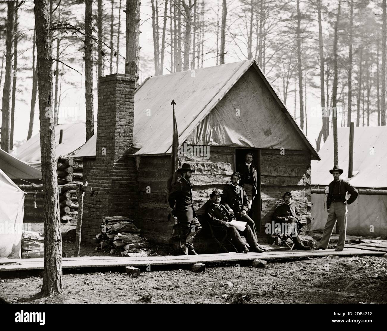 Brandy Station, Va. Officers in front of winter quarters at Army of the Potomac headquarters. Stock Photo