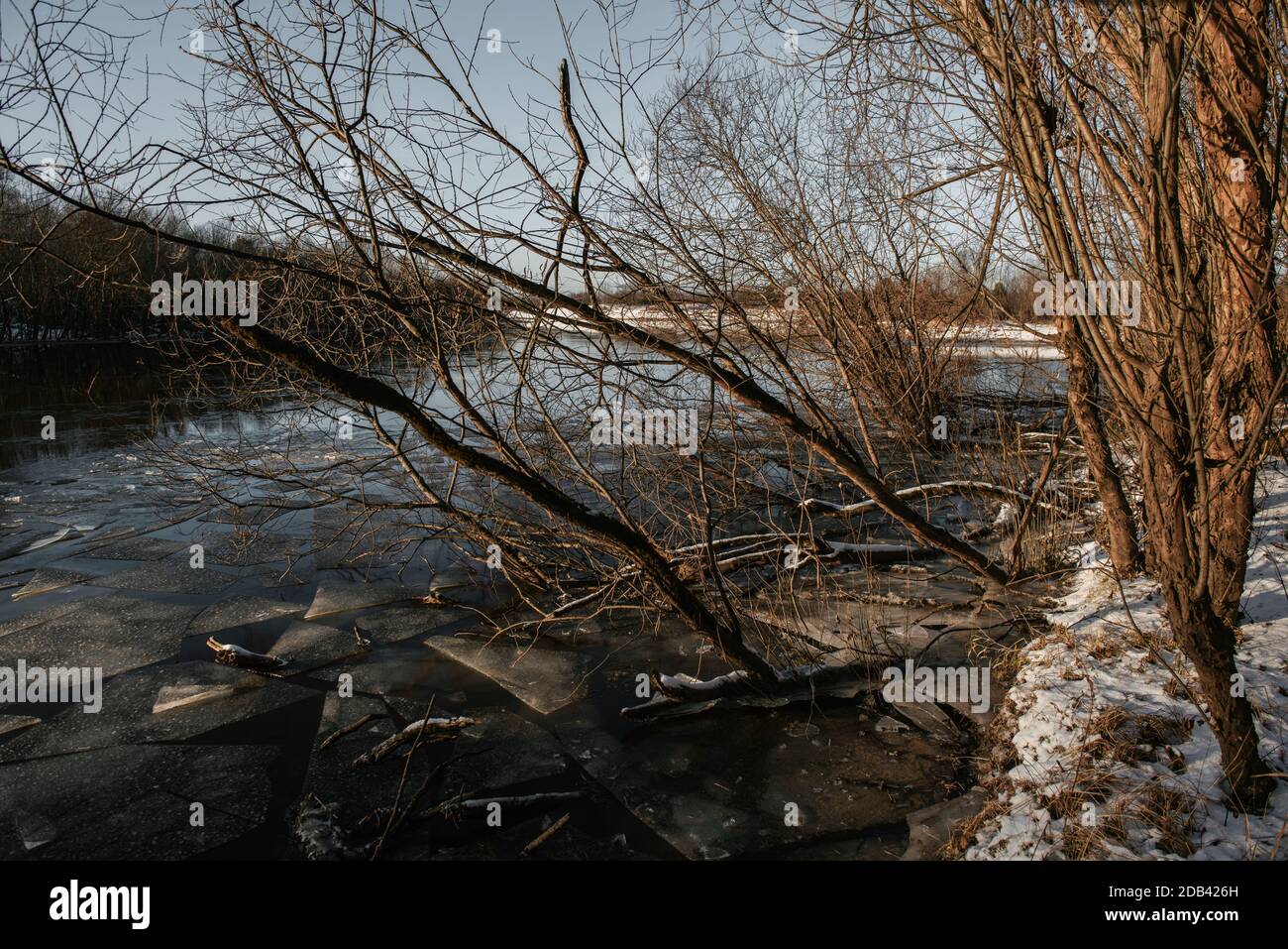 View of the river in late autumn before the ice break. Stock Photo