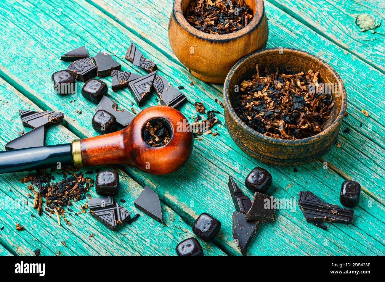 Chocolate flavored tobacco for smoking pipes.Tobacco pipe filled with