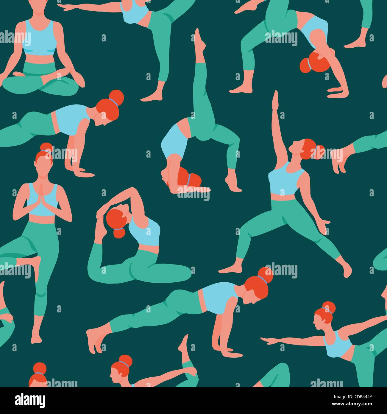 Women exercising yoga flat color trend vector seamless pattern on green ...
