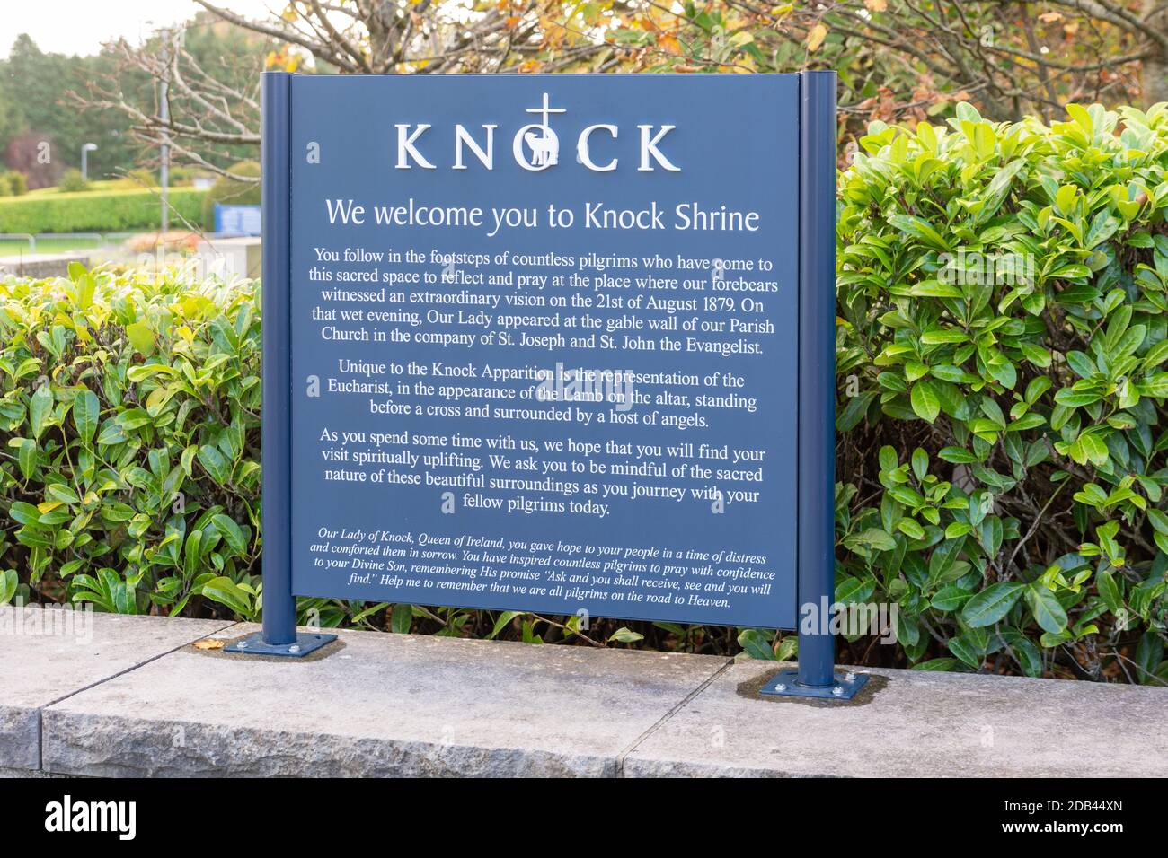 Informational signs at Ireland's national Marian shrine at Knock in County Mayo Stock Photo