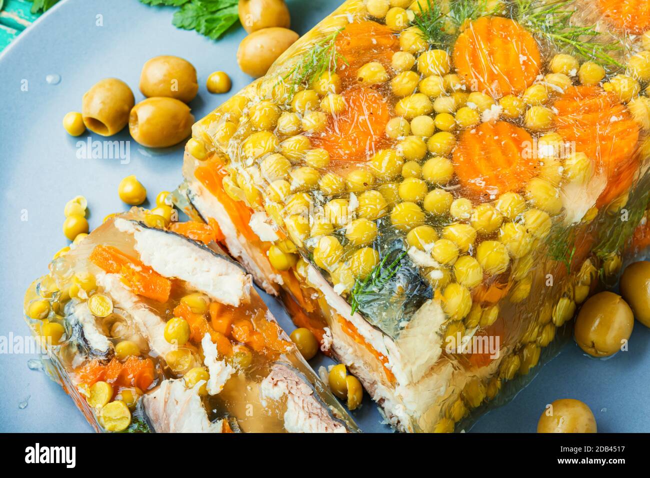 Jellied, cold dish of fish, filled with gelatinous broth.Russian national cuisine Stock Photo