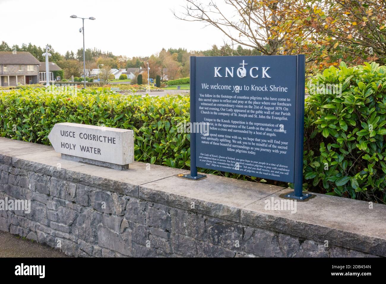Informational signs at Ireland's national Marian shrine at Knock in County Mayo Stock Photo