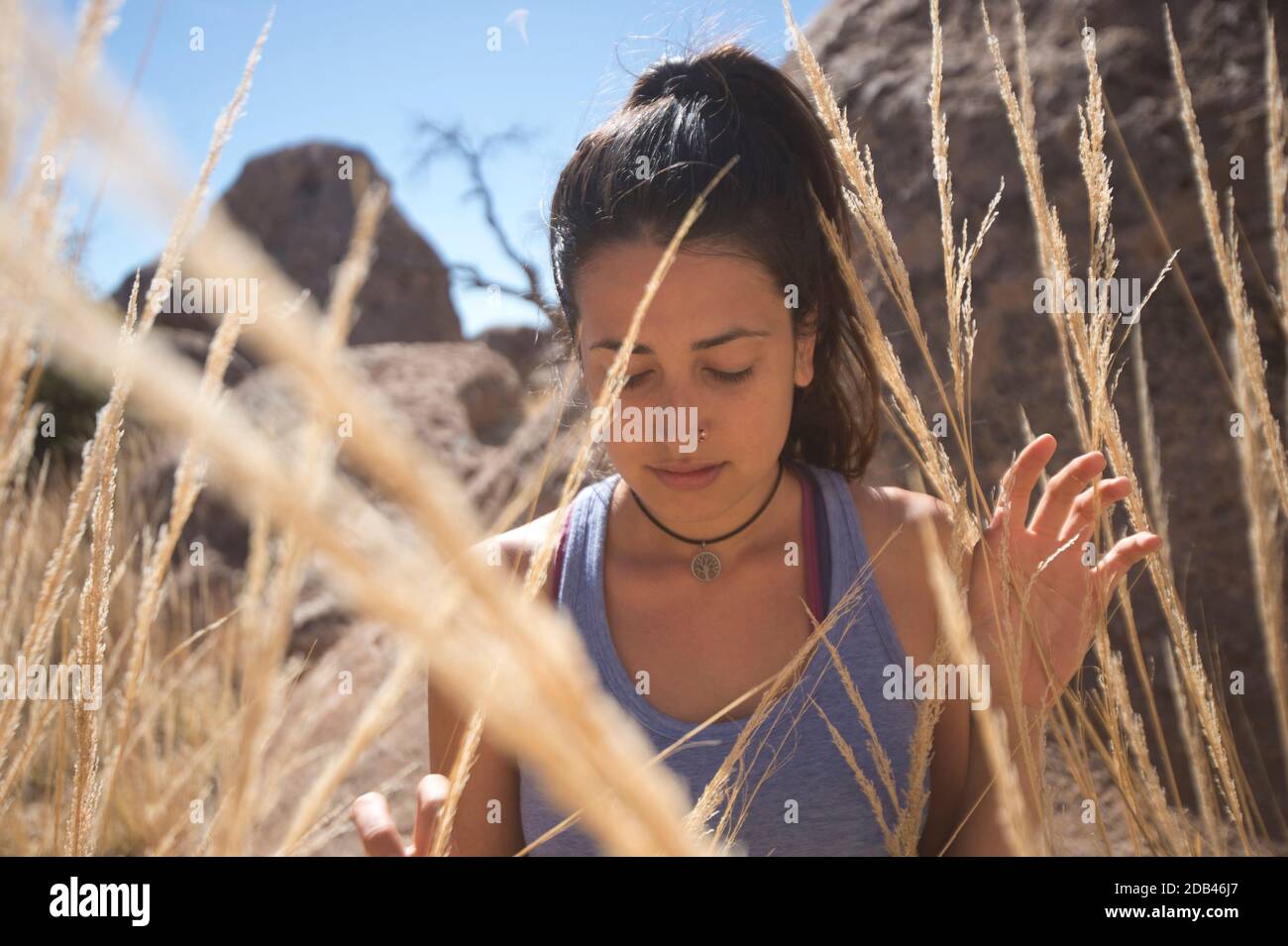 Young woman among tall grass in desert, Gila Wilderness, New Mexico, USA Stock Photo