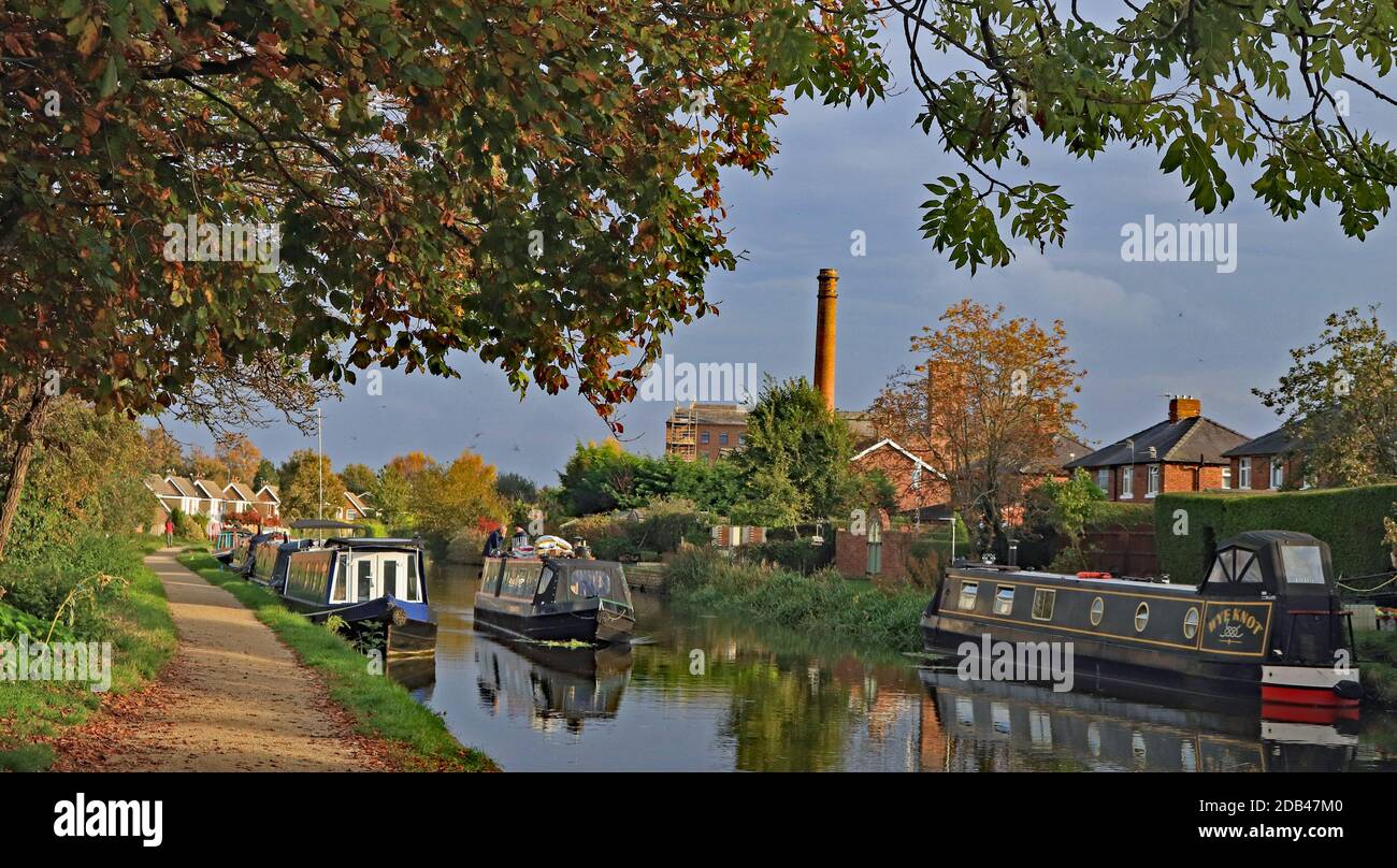 The late afternoon sun catches the autumn colours, a cruising narrow boat and the former mill chimney at Burscough on the Leeds and Liverpool canal. Stock Photo