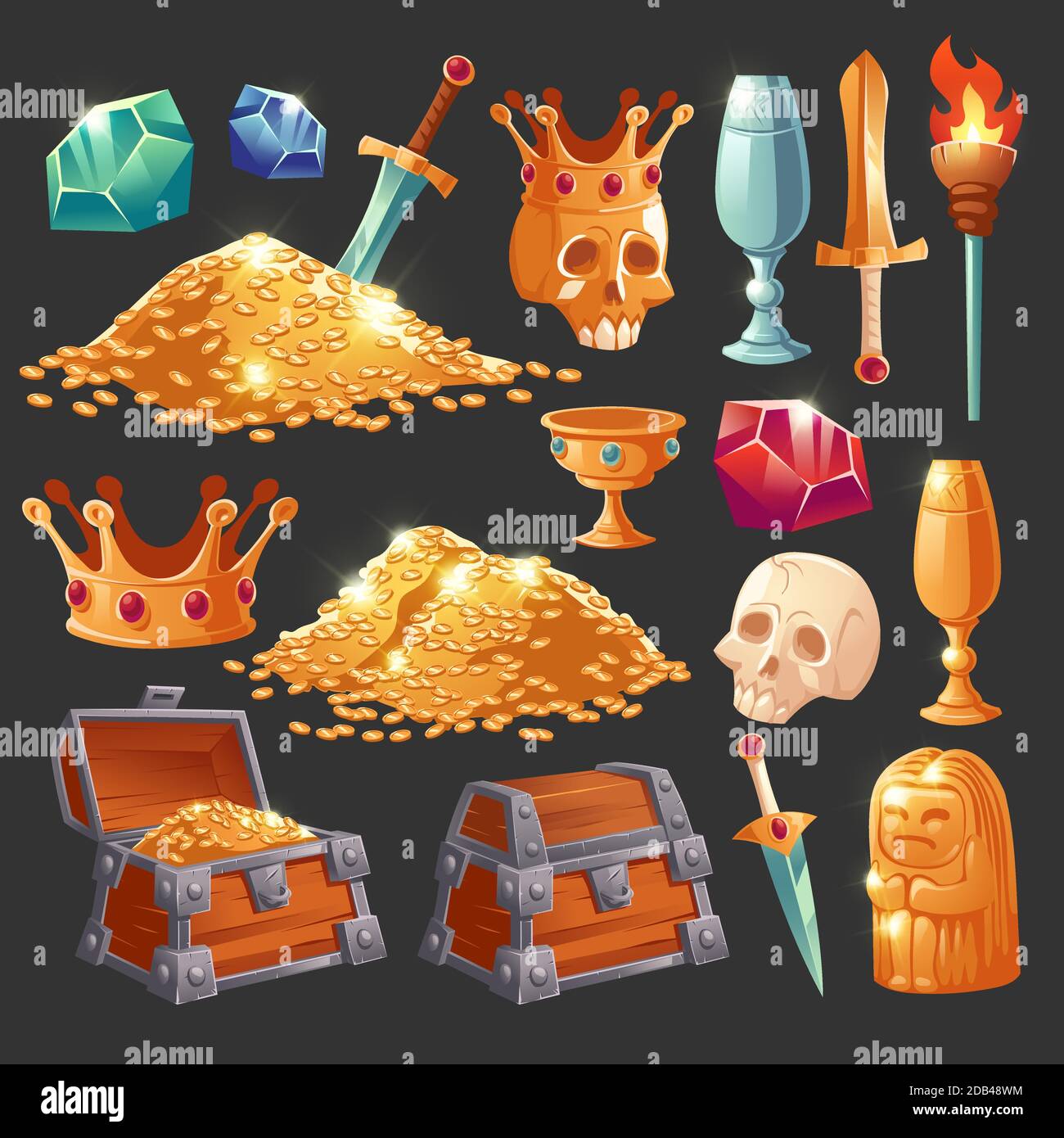 Cartoon treasure chest with golden coins, crystal magic gems, human skull in crown, sword in gold pile and goblet with precious rocks, ancient statue and burning torch vector illustration, icons set Stock Vector
